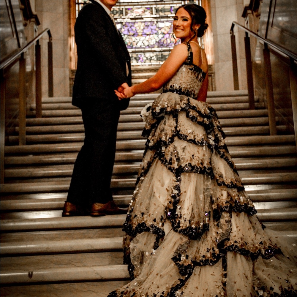 Elegant Navy and Cream Layered Gown